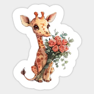 Valentine Giraffe Giving Flowers Sticker